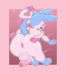 1boy 4_toes anthro anus ass backsack balls blue_body blue_fur blue_sclera eeveelution feet femboy foreskin frumples fur genitals girly humanoid_genitalia humanoid_penis looking_at_viewer looking_back male male_only male_sylveon nintendo paws penis pink_anus pokémon_(species) pokemon pokemon_(species) presenting presenting_hindquarters raised_tail ribbons shiny_pokemon signature simple_background smile solo solo_male spread_butt spreading sylveon toes uncircumcised uncut video_games white_body white_eyes white_fur