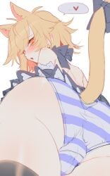 1boy animal_ears blonde_hair blush butt cat_boy cat_ears cat_tail catboy femboy furry girly heart heart-shaped_pupils highres koyashaka looking_at_viewer looking_back male male_focus male_only original otoko_no_ko pale_skin panties penis piercing skirt striped striped_panties symbol-shaped_pupils tail thighhighs trap underwear yellow_eyes