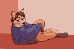 3:2 anthro balls bedroom_eyes biped bottomless canid canine clothed clothing erection fox furvidd genitals hi_res holding_penis looking_at_viewer male male_only mammal narrowed_eyes partially_clothed penis penis_under_shirt seductive solo sweater topwear