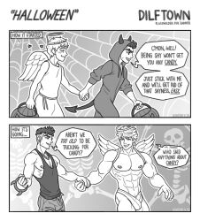 abs beefy big_bulge boyfriends bulge clothed comic costume dialogue dilftown dilftown_comic flaccid grown_up halloween hand_holding johnny_souza male male_only monochrome muscles muscular muscular_male pecs safe schizoid sfw teen_boy teenager twitter_user_oc uncolored will_shotwell yaoi