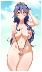 1girls alternate_costume bare_midriff bare_thighs blue_eyes blue_hair breasts female female_only fire_emblem fire_emblem_awakening flower green_swimsuit hair_between_eyes kdtwifi large_breasts long_hair looking_at_viewer lucina_(fire_emblem) nintendo one-piece_swimsuit revealing_clothes sideboob slingshot_swimsuit smile solo swimsuit thick_thighs thighs tiara underboob