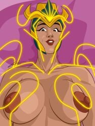 1girls ajak_(marvel) bare_breasts bare_shoulders big_areola big_breasts breasts breasts_out dark-skinned_female eternals_(2021) eternals_(marvel_extraterrestrial_race) female glowing glowing_markings guessuhhhh human laying_down laying_on_bed looking_at_viewer marvel marvel_cinematic_universe smile