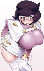 bent_over big_breasts big_nipples chubby dripping dripping_pussy embarrassed glasses huge_breasts nipple_bulge pants pants_down pants_pull pokemon pokemon_sm pulling_up_pants sweat sweatdrop sweater thick_glasses thick_thighs tomohiro_kai turtleneck turtleneck_sweater wicke_(pokemon) wide_hips