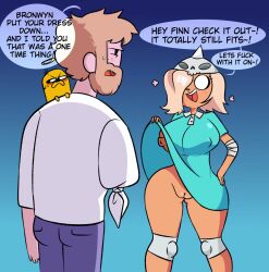 1girls 2boys adventure_time bangs_over_eyes bronwyn canine cartoon_network dialogue dog_girl dress_lift erect_nipples finn_the_human funny innie_pussy jake_the_dog no_bra no_panties pixelzsinful pussy speech_bubble thick_thighs upskirt wide_hips