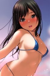 absurdres bangs bare_shoulders bikini black_hair blue_bikini blush breasts brown_eyes cloud eyebrows_visible_through_hair female female highres long_hair looking_at_viewer matsunaga_kouyou medium_breasts navel open_mouth original sideboob sky smile standing swimsuit teeth underboob upper_body upper_teeth