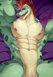 abs alligatorid anthro areola balls bed chung0_0 crocodilian eyewear eyewear_on_head five_nights_at_freddy's five_nights_at_freddy's:_security_breach flaccid furniture genitals green_body hair hand_behind_head hi_res male male_only mohawk montgomery_gator_(fnaf) muscular muscular_anthro muscular_male nipples nude on_bed open_mouth pecs penis penis_base red_eyes red_hair reptile scalie scottgames sharp_teeth shoulder_guards solo sunglasses sunglasses_on_head teeth video_games