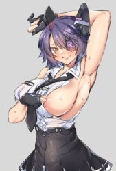 areola_slip areolae arm_up armpits bangs black_gloves black_necktie black_skirt blush breasts closed_mouth clothes_pull collarbone eyepatch female gloves grey_background hair_between_eyes headgear high-waist_skirt kantai_collection large_breasts looking_at_viewer necktie nipple_slip nipples partially_fingerless_gloves purple_hair shirokuma_a shirt shirt_pull short_hair simple_background skirt sleeveless smile solo sweat tenryuu_(kantai_collection) tongue tongue_out white_shirt yellow_eyes