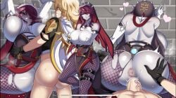 1boy 1girls aether_(genshin_impact) ass ass_grab big_ass big_breasts big_butt breasts clothed_sex fishnet_legwear fishnets genshin_impact huge_ass huge_breasts kissing large_ass mature_female nun nun_outfit older_female oral pale_skin purple_hair rosaria_(genshin_impact) sex stevechopz taller_female tongue torn_clothes younger_male