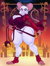 1girls anthro anthrofied big_breasts big_thighs breasts color female mina_(mina_the_hollower) mina_the_hollower mouse red_clothing rodent smile smiling snao solo tail thighs whip white_fur