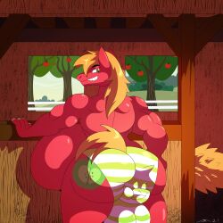 1:1 absurd_res anal anal_vore anthro apple apple_tree ass balls barn belly better_version_at_source big_macintosh_(mlp) bite biting_lip clothing cutie_mark dirtyhands earth_pony equid equine female friendship_is_magic fruit_tree genitals grin hair hasbro hay hi_res horn horse looking_back male male/female mammal my_little_pony plant pony purple_hair raised_tail rarity_(mlp) red_body smile tree underwear unicorn vore