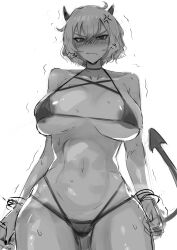 angry bikini blush embarrassed female female_only helltaker hips malina_(helltaker) monochrome perma thighs