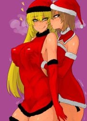 2girls 69_(tranquilo) blonde_hair breasts brown_eyes brown_hair christmas female female_focus female_only groping groping_breasts groping_from_behind heart long_hair misaka_mikoto nipples_visible_through_clothing purple_background red_socks santa_costume santa_hat shokuhou_misaki short_hair socks thigh_socks thighhighs thighs to_aru_kagaku_no_railgun to_aru_majutsu_no_index tongue_out yuri