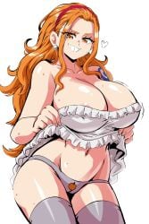 1girls areola_slip areolae big_breasts brown_eyes dress_lift ear_piercing female female_only grin hair_pulled_back hairband huge_breasts lewdamone long_hair midriff nami one_piece orange orange_hair panties post-timeskip skirt_lift smug smug_grin solo tattoo thick thick_thighs thighhighs voluptuous white_background