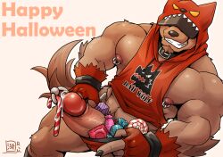 anthro boss_(gym_pals) candy candy_cane canid canine canis dessert food genital_piercing genitals gym_pals h155296 halloween hi_res holidays humanoid_genitalia humanoid_penis male male_focus male_only male_solo mammal nipple_piercing nipples penis penis_piercing piercing prince_albert_piercing solo solo_male wolf