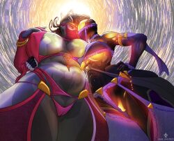 alien amphibious_mommy_milkers black_hair chunky curly_hair docking endless_space_2 erect_nipples female_only fish_girl glowing harem_outfit huge_breasts isyara_st_shaiad jenestra_omalfi'meos midriff navel_piercing rivalry robot_girl royal_nod see_through