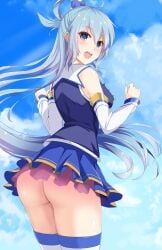 aqua_(konosuba) ass blue_eyes blue_hair bottomless female female_only hair_ornament jasony kono_subarashii_sekai_ni_shukufuku_wo! long_hair looking_at_viewer looking_back no_panties open_mouth skirt