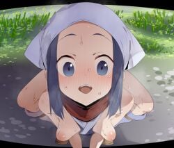 1girls 2022 akari_(pokemon) areolae blue_eyes blue_hair blush breasts female furau headscarf looking_at_viewer medium_breasts nintendo nude nude_female outdoors pokemon pokemon_legends:_arceus scarf squatting sweat sweaty_body thighs