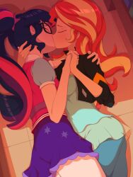 2girls closed_eyes equestria_girls female female_only glasses hasbro kissing long_hair my_little_pony ponytail purple_hair red_hair rockset sci-twi sunset_shimmer twilight_sparkle_(mlp) two_tone_hair yuri