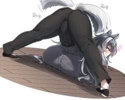 1girls animal_ears ass back back_view big_breasts black_footwear black_pants breast_rest breasts clothed clothing dog_ears dog_girl dog_tail female female_only fully_clothed gigantic_breasts grey_hair grey_shirt hands_on_ground heart highres huge_breasts humanoid husky husky_girl_(konoshige) jack-o_pose kemonomimi konoshige_(ryuun) light-skinned_female light_blue_eyes light_skin long_hair looking_at_viewer looking_back meme multicolored_hair original pants pocket ryuun_(stiil) seductive shirt shoes smile solo tail tailwag top-down_bottom-up two-tone_hair very_long_hair white_hair wide_spread_legs