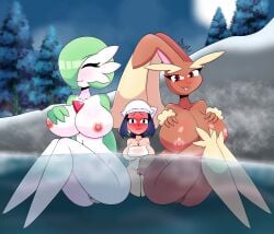 3girls :3 akari_(pokemon) alpha_pokémon anthro blush breasts flustered game_freak gardevoir kiut_artbs kiut_arts lopunny nintendo nipples outdoors partially_submerged pokemon pokemon_(species) pokemon_legends:_arceus smaller_female yuri