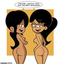 2girls aged_up ass big_ass black_eyes black_hair butt dark_skin decision dot_pupils english_text full_body hispanic huge_ass javisuzumiya large_ass latina lincoln_loud looking_at_another looking_at_viewer looking_back multiple_girls older ponytail ronnie_anne_santiago speech_bubble stella_zhau take_your_pick text the_loud_house