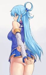 aqua_(konosuba) ass blue_eyes blue_hair bottomless censored clothed female female_focus female_only hair_ornament kono_subarashii_sekai_ni_shukufuku_wo! long_hair pussy sarhce solo