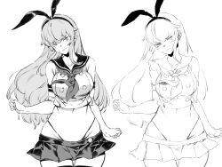 bacius breasts elbow_gloves embarrassed female g-string gloves greyscale highres kantai_collection large_breasts long_hair microskirt miniskirt monochrome narrow_shoulders navel older shimakaze_(kantai_collection) simple_background sketch skirt thighhighs thin_waist thong uncomfortable very_long_hair white_background wide_hips