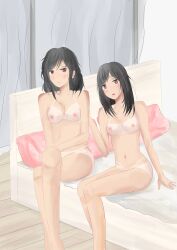 2girls absurdres arm_support barefoot bed bedroom bikini_tan black_hair blanket blush breasts brown_eyes collarbone completely_naked_female crossed_legs curtains hand_on_another's_back highres long_hair looking_at_viewer medium_breasts multiple_girls navel nipples nude on_bed open_mouth original parted_lips pillow sitting take_your_pick tan tanlines teeth window yuri