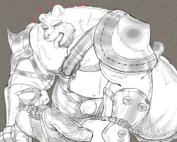 anthro arm_grab bandana belly duo erection eyebrows fur genitals hand_on_armor heart kerchief larger_male looking_at_another male mammal navel nullraihigi pecs penis quiver shoulder_guards size_difference teeth thick_eyebrows tongue ursid