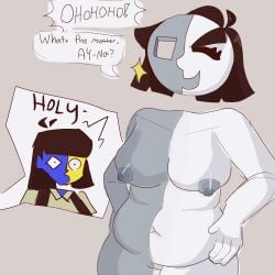 2girls anthro big_breasts blue_body chubby_female colored ena females grey_body hole_(anatomy) joel_g moony_(joel_g) multiple_girls mx_(artist) naked shaded text text_bubble white_body yellow_body