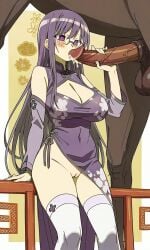 akame_ga_kill! brown_horse cheongsam chinese_clothes cum cum_in_mouth glasses horse horse_penis horsecock purple_eyes purple_hair pussy sheele_(akame_ga_kill!) sitting sucking sucking_penis zoophilia