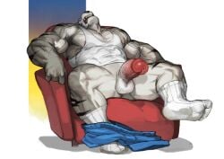 2022 abs anthro balls biceps bottomwear bottomwear_around_one_leg bottomwear_down chair clothing clothing_around_one_leg deltoids erection eyewear facial_scar felid footwear fur furniture genitals glasses grey_body grey_fur grey_hair hair head_back hi_res male male_only mammal multicolored_body multicolored_fur muscular muscular_thighs nipples on_chair open_mouth pantherine pants pants_around_one_leg pecs penis scar shirt sitting sitting_on_chair snout snout_scar socks solo striped_body striped_fur stripes tank_top tiger tired topwear traver009 two_tone_body two_tone_fur vein veiny_muscles white_body white_clothing white_footwear white_fur white_shirt white_socks white_tank_top white_topwear