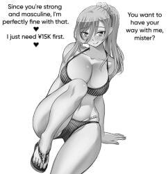 1girls bikini black_and_white blonde_hair curvy_figure ecchi english_text feet flip_flops horny_female huge_breasts kuzuryuu_hanako licking_lips manga monochrome partially_clothed payment pov prostitution sandals sitting thick_thighs yankee_jk_kuzuhana_chan