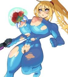 1girls bodysuit breast_exposed curvy_body exposed exposed_pussy konaloid metroid metroid_(creature) pussy samus_aran solo thick_thighs torn_bodysuit torn_clothes zero_suit_samus