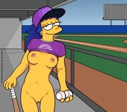 1girls 20th_century_fox 20th_century_studios baseball_(ball) baseball_(sport) baseball_bat baseball_cap bedroom_eyes blue_hair bottomless bottomless_female breasts clothing eyelashes female female_only fox_corporation hat holding_object human human_only lockandlewd looking_at_viewer marge_simpson milf mostly_nude nipples outdoors ponytail purple_hat purple_shirt pussy smiling smiling_at_viewer solo solo_female the_simpsons yellow_skin