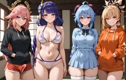 1futa 3girls ahoge ai_generated arms_behind_back bangs bare_shoulders big_breasts bikini blonde_hair blue_hair blue_hoodie blush braid breasts bulge bulge_through_clothing collarbone cowboy_shot drawstring earrings futa_with_female futanari ganyu_(genshin_impact) garter_belt garter_straps genshin_impact grey_hoodie grin hair_between_eyes hair_ornament hand_in_pocket hand_on_hip hands_in_pockets hands_on_hips highleg highleg_panties hood hood_down hooded_jacket hooded_sweater hoodie horns jacket long_hair looking_at_viewer medium_breasts multiple_girls navel pink_hair pink_hoodie purple_eyes raiden_shogun red_hoodie see-through short_hair short_shorts shorts skirt smile swimsuit thighhighs thighs track_jacket white_bikini white_hoodie white_legwear white_shorts yae_miko yoimiya_(genshin_impact)