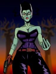 2d_(artwork) black_hair black_leather bride_of_frankenstein creature_commandos dc dc_comics dcu flipping_off gun monster_girl zombie_girl