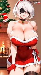 ai_generated bare_shoulders black_choker blindfold boosterred99 choker christmas christmas_clothing christmas_outfit christmas_tree dress handbag nier:_automata pony_diffusion_xl red_dress santa_costume seductive_smile strapless thighs white_hair white_thong yorha_2b