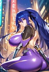 2d ai_generated akiyama_rinko big_breasts blue_hair bodysuit city female female_focus female_only long_hair night outdoors solo solo_female solo_focus tagme taimanin_(series) taimanin_yukikaze