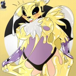 1:1 2020 absurd_res anthro bandai_namco black_nose black_sclera breasts chest_tuft clothing digimon digimon_(species) female goo-connected_lips goo_transformation hi_res looking_down nipples renamon skyspeardw solo surprise thick_thighs transformation tuft underwear wide_hips yellow_body