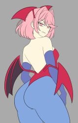 1girls annoyed annoyed_expression ass ass_focus back_view big_ass breasts cosplay darkstalkers demon_wings doki_doki_literature_club female female_only gabrielvizari head_wings large_ass lilith_aensland lilith_aensland_(cosplay) looking_at_viewer natsuki_(doki_doki_literature_club) pink_eyes pink_hair round_ass tight_clothing wings