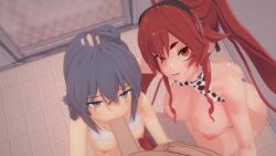 1boy 2girls animated big_breasts big_penis blue_eyes blue_hair eris_boreas_greyrat eris_greyrat koikatsu mushoku_tensei red_eyes red_hair roxy_migurdia small_breasts sucking_penis tagme video