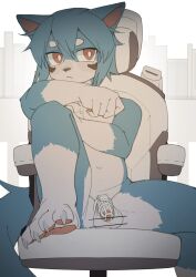 anthro arm_on_knee balls blue_body canid canine canis censor_bar censored chair chastity_cage chastity_device domestic_dog flaccid front_view furniture genitals hair hi_res humanoid_genitalia humanoid_penis kemono male mammal mouth_closed nude pawpads penis sitting slightly_chubby solo toye2004