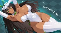 1girls armpits big_breasts black_hair blush bowtie bustier collar commission dark-skinned_female dark_skin ddooooogkun_(d2og_kun) elbow_gloves felicia_castro female female_only gloves green_eyes long_hair playboy_bunny solo thighhighs