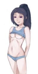 black_hair lordpotato nipples pin-up ponytail purple_eyes tagme underwear