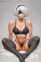 abs ai_generated ass big_breasts breasts cleavage clothing curvy curvy_figure female female_only fit fit_female hair human large_ass large_breasts light_skin mask muscular_thighs navel nier:_automata short_hair simple_background sitting solo spread_legs tagme thedachy thick_thighs thighhighs thighs uncensored video_games voluptuous white_hair wide_hips yorha_2b