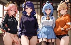 1futa 3girls ahoge ai_generated animal_costume bangs bell black_hoodie black_legwear black_panties blonde_hair blue_hair blue_hoodie breasts brown_hoodie cowboy_shot drawstring ear_piercing earrings erection eyebrows_visible_through_hair futanari ganyu_(genshin_impact) garter_straps genshin_impact grey_hoodie grin hand_in_pocket hand_on_hip hands_in_pockets hands_on_hips hood hood_down hood_up hooded_jacket hooded_sweater hoodie horns jacket jewelry long_hair looking_at_viewer medium_breasts multiple_girls open_hoodie panties penis piercing pink_hoodie purple_eyes raiden_shogun red_hoodie shirt short_hair short_shorts shorts skirt sleeveless_hoodie smile standing star_earrings testicles thighhighs uncensored underwear white_hoodie yae_miko yellow_eyes yellow_hoodie yoimiya_(genshin_impact)