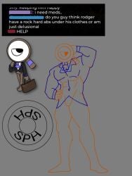 abs bibically_accurate_rodger bored_expression bottomless buff bulge dandy's_world flexing magnifying_glass male_only one_eye roblox_game rodger_(dandy's_world) showing_off spearminthusband suit tie