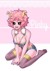 bare_arms bare_belly bare_shoulders big_breasts bikini blush breasts cleavage collarbone feet fishnet_thighhighs fishnets horns ktn0515 medium_hair mina_ashido my_hero_academia open_mouth purple_hair purple_skin sitting smile thighs wariza yellow_eyes zettai_ryouiki