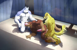 anthro blitz_(road_rovers) canine dog exile fellatio fur furry_tail hunter_(road_rovers) indoors kneeling lying male male_only mammal multiple_males nude on_side oral penis road_rovers sex tail yaoi